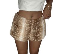 Brown Deer Print Faux Fur Shorts for Women,Casual Plush Animal Print Short,Low Rise Slim Fit Winter Warm Shorts