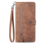 Brown Embossed PU Zipper Case for Tecno Camon 40 Phone Wallet Flip Zipper Case Cellphone Shell Large Capacity Handbag Purse Zipper Pocket Magnetic Clutch with Wrist Strap for Tecno Camon 40