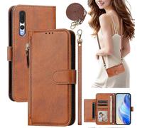 (Brown) Flip Case for Huawei P20 Pro Protection Soft PU Leather Zipper Wallet Cover with Card Holder and Long Strap