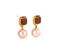 Brown Gold Square Pearl Earrings, Elegant Light Pink Pearl Drop Earrings with Metal Frame, for Women Daily Wear & Party Occasions