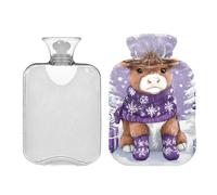Brown Highland Cow Dressed in Purple Hot Water Bottle with Cover, Hot Pack for Calamps, Pain Relief, Hot Bags 2L