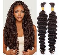 Brown Human Braiding Hair for Boho Braids 35 cm, 100 g, 2 paquetes de cabello humano y boho de onda profunda, para trenzar, a granel, para mujeres negras, sin mechones para trenzas con extremos