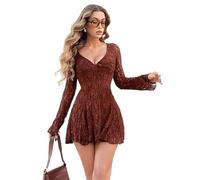 Brown Long Sleeve Lace Mini Dress For Women V Neck Fit and Flare (Brown,L)