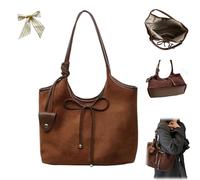 Brown Suede Tote Bag,Women Bow Suede Shoulder Purse,Slouchy Large Capacity Commuter Underarm Bag,Trendy Fall Hobo Handbags (Brown)
