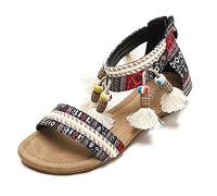 Browol - Sandalias bohemias de tacón bajo para mujer, verano, étnico, estilo de hada abierta, con perlas para viajes, sandalias romanas (negro, 36 EU)