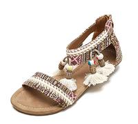 Browol - Sandalias de tacón bajo para mujer de verano, étnico, estilo de hada abierta, con cuentas para colgar en los dedos, sandalias romanas de viaje, color marrón, 38 EU