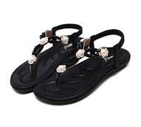 BROWOL -Sommer 2021 - Sandalias de playa retro para mujer, perlas de metal, estrás, perlas, zapatos planos grandes (negro, 41)