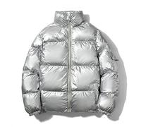 BROZZY Algodón Abrigo Hombre Color Sólido Casual Térmica Chaqueta Brillante Moda Stand Up Collar Loose Transición Chaqueta Espesamiento Reflectante Manga Larga Softshell Chaqueta C-Silver L