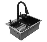 BRRIDE Fregadero Negro Lavabo 55 x 40cm Fregadero Empotrable Lavabo Fregadero de Cocina con Grifo Extraíble, Lavavajillas de Tazas, Dispensador de Jabón, Cesta de Desagüe (Negro)