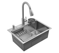 BRRIDE Fregadero plata, 55 x 40 cm, empotrable, fregadero de cocina con grifo extraíble, lavavajillas para tazas, dispensador de jabón, cesta de desagüe (plata)