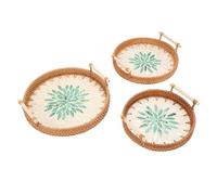 Brrnoo Juego de 3 Fruteros de Ratán Tejido a Mano, Bandeja Redonda de Doble Oreja, Plato Decorativo de Ratán Natural y Madera de Haya para Frutas, Aperitivos, Pan, Desayuno, Decoración (Tipo 2)