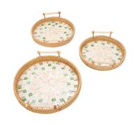 Brrnoo Juego de 3 Fruteros de Ratán Tejido a Mano, Bandeja Redonda de Doble Oreja, Plato Decorativo de Ratán Natural y Madera de Haya para Frutas, Aperitivos, Pan, Desayuno, Decoración (Tipo 1)