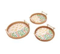 Brrnoo Juego de 3 Fruteros de Ratán Tejido a Mano, Bandeja Redonda de Doble Oreja, Plato Decorativo de Ratán Natural y Madera de Haya para Frutas, Aperitivos, Pan, Desayuno, Decoración (Tipo 3)