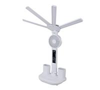 Brrnoo Lámpara de Escritorio LED con Ventilador, Reloj Digital, 4 Cabezales, Atenuación Continua, Portalápices, Lámpara de Mesa Plegable, Lectura de Estudio