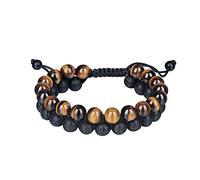 Brrnoo Pulsera de Cuentas de Doble Capa para Hombre Pulsera de Cuentas de Piedra con Ajustable Moda Elegante Color Brillante y Delicado con de Piedra Negra