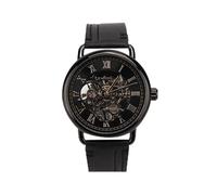 Brrnoo Reloj para Hombre, Movimiento Mecánico Semiautomático con Esfera Esqueleto, Caja de Acero Inoxidable, para Regalos de Uso Diario Informal de Negocios (Cubierta Negra con Letras Doradas.)