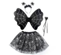 BRTNUP El juego de disfraz de telaraña de Halloween de 4 piezas incluye falda tutú de telaraña, alas de mariposa, banda de pelo y varita para niñas y niños, disfraz de Halloween, accesorios de cosplay