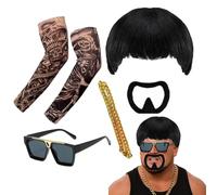 BRTNUP Ibiza - Juego de accesorios de disfraz de jefe final de 5 piezas, peluca negra con corte de cuenco, mangas de tatuaje falsas y cadena dorada, barba de cabra, lentes de sol, divertido kit de