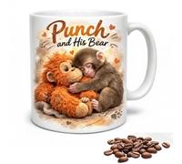 BRTNUP Taza de café de cerámica Punch and His Bear, diseño de peluche de orangután, 325 ml, taza de café de cerámica Punch the Monkey, regalo ideal para amantes de los animales y amantes del café y el