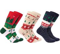 BRUBAKER 3 Pares de Calcetines de Navidad - Calcetines Divertidos para Hombres y Mujeres con Motivos Navideños - Patrón de Árbol de Navidad Beige, Rojo y Azul - Algodón - EU 41-45