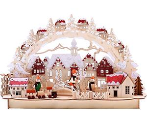 BRUBAKER 3D Puente de vela de madera de Navidad Luz arco - paisaje de invierno con casco antiguo - iluminación LED - madera natural - 43,5 x 27 x 10,1 cm - Pintado a mano