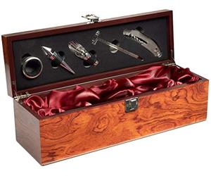 BRUBAKER 6-In-1 Bar Kit de Accesorios con Caja de Vino - Juego de Jarra de Sommelier de Acero Inoxidable con Cuchillo de Camarero + Caño + Tapón de Botella + Termómetro de Vino + Anillo de Goteo