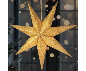 BRUBAKER 60 cm Estrella de Navidad de Papel para Colgar - Estrella de Adviento LED para Decoración Navideña - Estrella de Papel 3D con Función Temporizador - Iluminable con Batería - Dorada