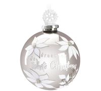 BRUBAKER Adorno Navideño Premium Dreaming of a White Christmas - Adorno de Vidrio para Árbol de 10 cm con Copos de Nieve de Porcelana - Bola de Navidad Plata con Brillo y Flores Blancas