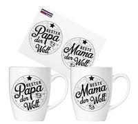 BRUBAKER Beste Mama & Bester Papa der Welt Ceramic Cups Set - 2 Tazas de Café de 300 ml - Tazas de Café con Tarjeta de Felicitación y Caja de Regalo