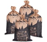 BRUBAKER Bolsa de Navidad La Época Más Maravillosa del Año - 80 cm Bolsa de Regalo - Bolsa de Papá Noel Bolsa de Yute con Cordón para Envolver Regalos - Papá Noel con Trineo - 4 piezas