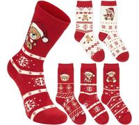 BRUBAKER Calcetines Navidad - 5 Pares Invierno Suave Algodón - Set de Medias con Osito y Copos Nieve Patrón Noruega Tradicional - Perfecto para Mujeres y Niñas - Rojo y Blanco Cálido - Talla 36-41