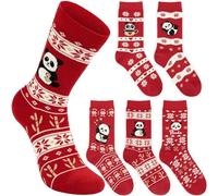 BRUBAKER Calcetines Navideños - 5 Pares Invierno Algodón Suave - Set de Medias con Panda, Corazón y Copos Nieve Patrón Noruega Tradicional - Ideal para Mujeres y Niñas - Rojo y Blanco - Talla 36-41