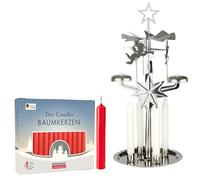 BRUBAKER Carillón Luminoso con Juego de 20 Velas Rojas - Portavelas de Metal con Ángeles, Plateado - Pirámide Giratoria de Mesa - Pirámide Navidad - Plataforma Giratoria para Candelas