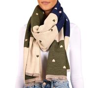 BRUBAKER Cashmirillo Bufanda de Mujer con Estampado de Corazón - 70 x 200 cm - Cálida, Acogedora y Oversize - Bufanda de Lana para Otoño e Invierno - Tacto Suave de Cachemira - Azul, Oliva y Beis