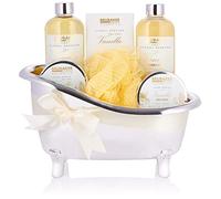 BRUBAKER Cosmetics Set de baño y ducha vainilla - set de regalo de 7 piezas en una bañera decorativa