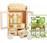 BRUBAKER Cosmetics Set de Cuidado 2 en 1 - Grande 15 piezas Kit de Bienestar - Set de Ducha y Baño para Mujer - Regalo de Belleza con Gabinete de Madera Deco - Aloe Vera