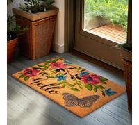 BRUBAKER Estera para Exterior e Interior - Hello - 45 x 75 cm que Atrapa la Suciedad de 100% Fibra de Coco con Mariposa y Flores - Estera Impermeable y Antideslizante para Puerta de Entrada - Colorido