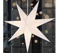 BRUBAKER Estrella de Navidad LED para colgar, 60 cm, estrella de papel con 7 puntas, estrella de Adviento en 3D, funciona con pilas, colgante e iluminada, decoración para ventana, color blanco