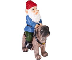 BRUBAKER Gnomo de Jardín con Perro - Gnomo Montado en Pug con Silla de Montar - Figurilla de Jardín Divertida - Resistente a la Intemperie para Jardín Camping Dueño de Perro - 26 cm