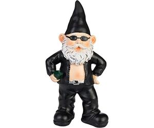 BRUBAKER Gnomo de Jardín Guay Motero Negro - Gnomo Rockero con Gafas de Sol y Chaqueta de Calavera - Decoración Resistente a la Intemperie para Jardín y Camping - 24 cm de Altura