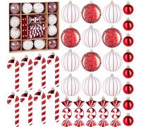 BRUBAKER Juego de 33 Bolas de Navidad - Adornos para el Árbol de Navidad con Bolas, Bastones de Caramelo y Caramelos - Adornos Modernos para el Árbol de Navidad - Decoraciones Navideñas - Rojo Blanco