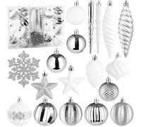 BRUBAKER Juego de 50 Adornos Premium para Árbol de Navidad - Set de Bolas de Navidad con Bolas de Gliter, Copos de Nieve, Escarchas y Piñas de Pino - Adornos para Árbol de Navidad en Colores Plata y