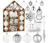 BRUBAKER Juego de 70 Bolas de Navidad - Adornos para el Árbol de Navidad con Locomotora, Muñecos de Nieve, Chucherías, Corazones y Copos de Nieve - Decoración para el Árbol - Plateado Blanco