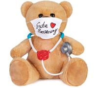 BRUBAKER Osito de Peluche con Mascarilla y Estetoscopio - Gute Besserung - 35 cm Osito Médico - Peluche Cálido - Marrón/Marrón Claro