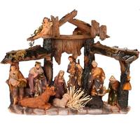 BRUBAKER Pesebre navideño - Pesebre de mesa de 34 cm con figuras navideñas pintadas a mano de Jesús, María, José y Reyes en el pesebre con animales - Figura de pesebre decoración navideña de