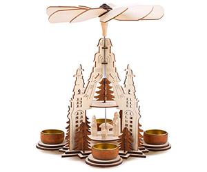 BRUBAKER Pirámide de Navidad 29 cm - María, José y Jesús - de Nivel 2 - Pirámide de té con 4 portavelas - Madera Natural - Figuras talladas
