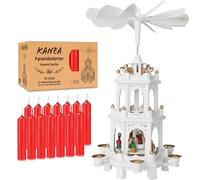 BRUBAKER Pirámide de Navidad blanca, incluye 50 velas piramidales rojas, pirámide de madera con 3 pisos y figuras de madera pintadas a mano, 45 cm, pirámide de Navidad, pirámide giratoria