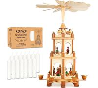 BRUBAKER Pirámide de Navidad - Carrusel Giratorio de Tres Niveles con Figuras de Madera Pintadas a Mano - 45 cm Decoración Navideña Rotativa con 50 Velas Blancas Incluidas - Acabado Natural