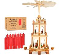 BRUBAKER Pirámide de Navidad - Carrusel Giratorio de Tres Niveles con Figuras de Madera Pintadas a Mano - 45 cm Decoración Navideña Rotativa con 50 Velas Rojas Incluidas - Acabado Natural