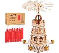 BRUBAKER Pirámide de Navidad de madera de 3 pisos, incluye 50 velas piramidales rojas, 44 cm, pirámide de madera para Navidad, giratoria, 3 pisos, pintada a mano
